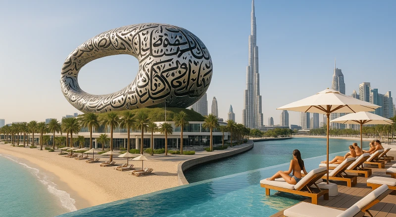 Léto v Dubaji: Pláž, výhled a budoucnost v jednom dni