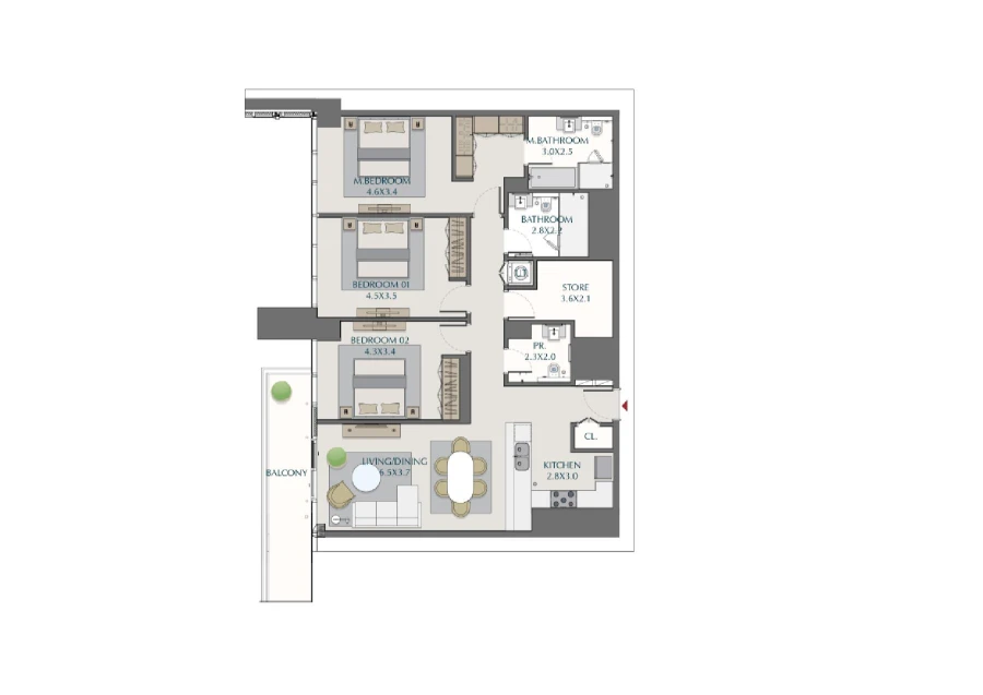 3 BR — 3 Bedroom Apartment Type- H2