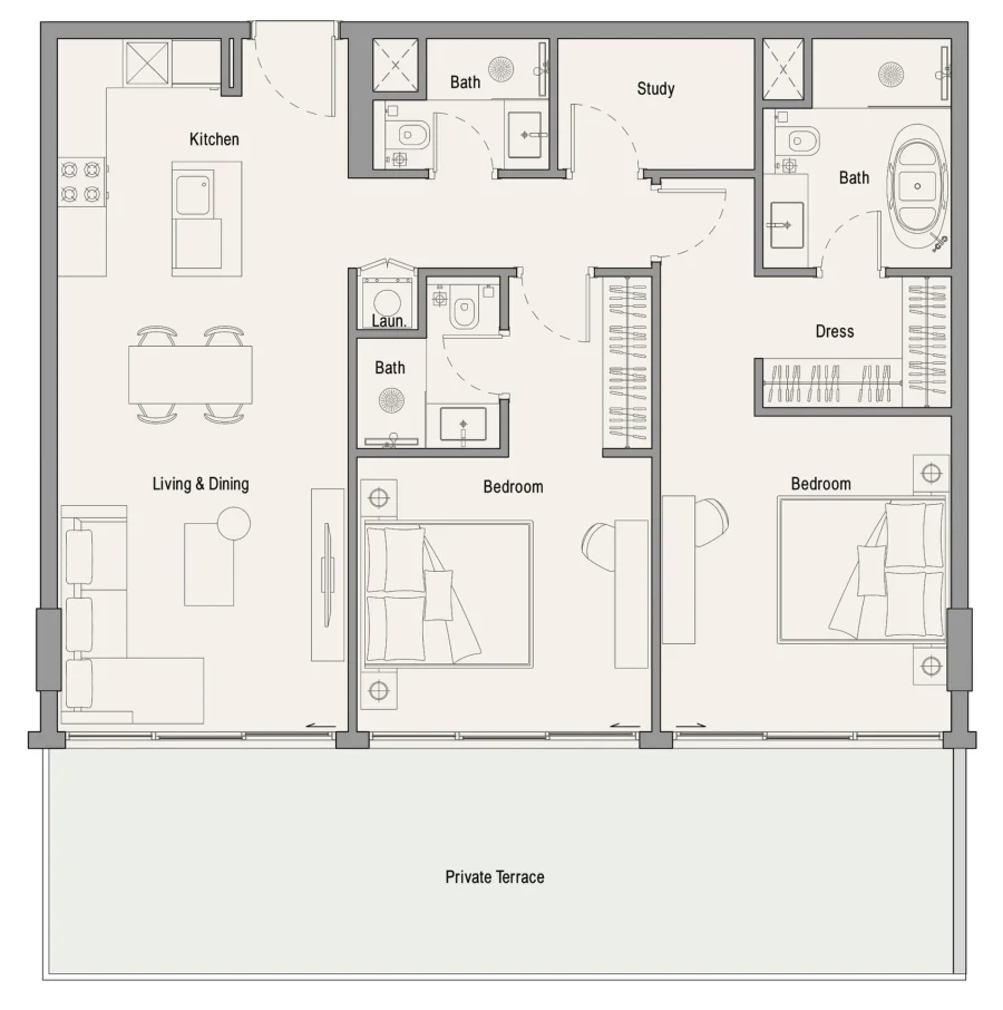 2 BR — 2 Bedroom with Study Type 01