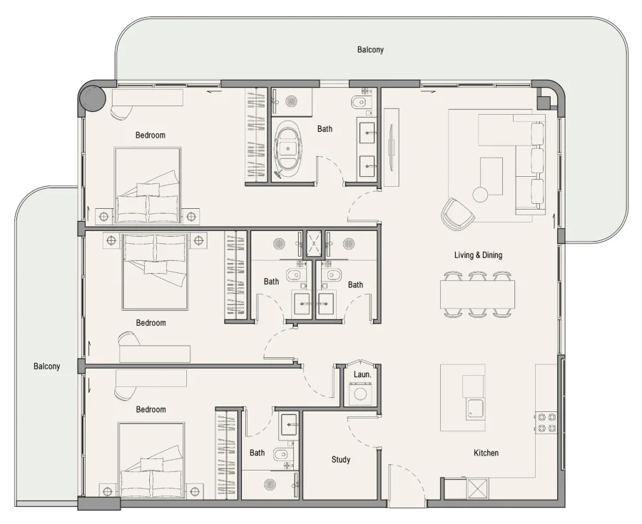 3 BR — 3 Bedroom with Study (the balconies are varied)