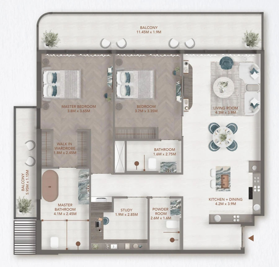 2 BR — 2 Bedroom + Study Type A (West)