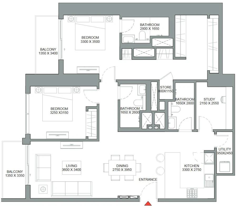 2 BR — 2.5 Bedroom Apartment Type A (with study room and powder room + balcony)