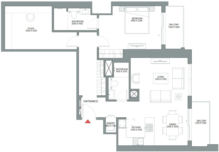 1 BR — 1.5 Bedroom Apartment Type F (with powder room and study room + balcony) Variant 1