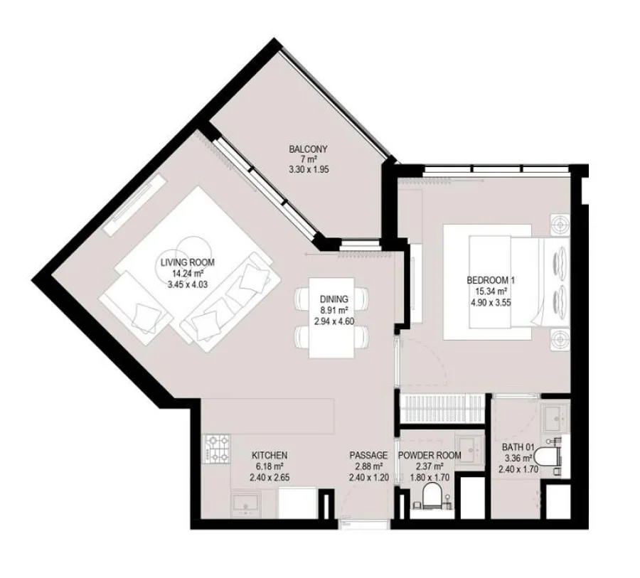 1 BR — 1 Bedroom Type 01