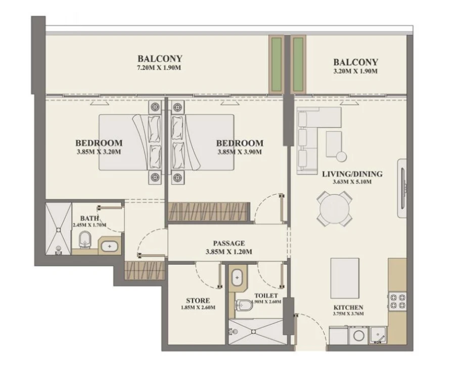 2 BR — 2 Bedroom+store unit type 302