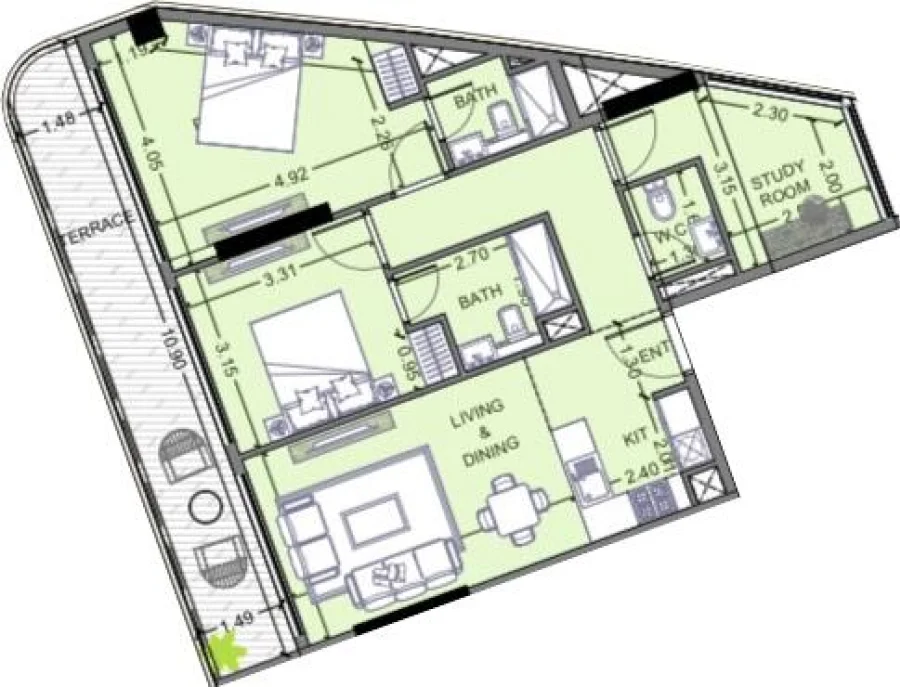 2 BR — 2 BHK Type A