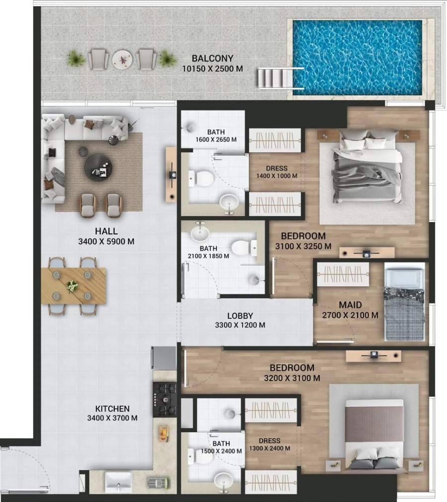 2 BR — 2 BHK With Pool