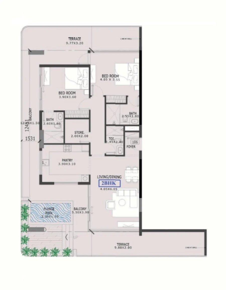 2 BR — 2 Bedroom + Pool