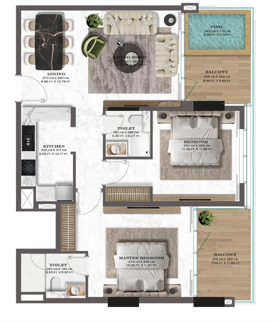 2 BR — 2 Bedroom with Pool 3