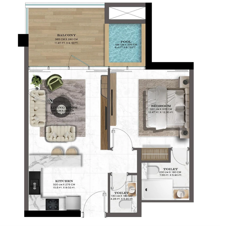 1 BR — 1 Bedroom with Pool 2