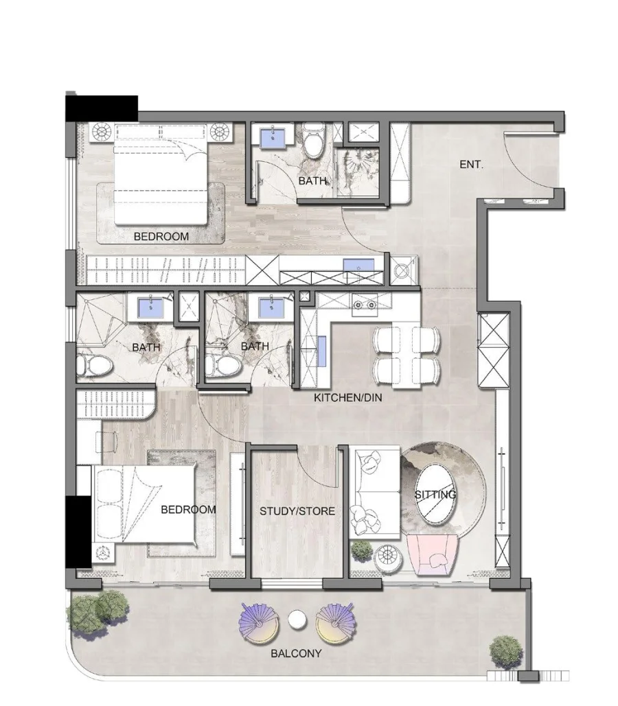 2 BR — 2 Bedroom + Study / Store room Type C1
