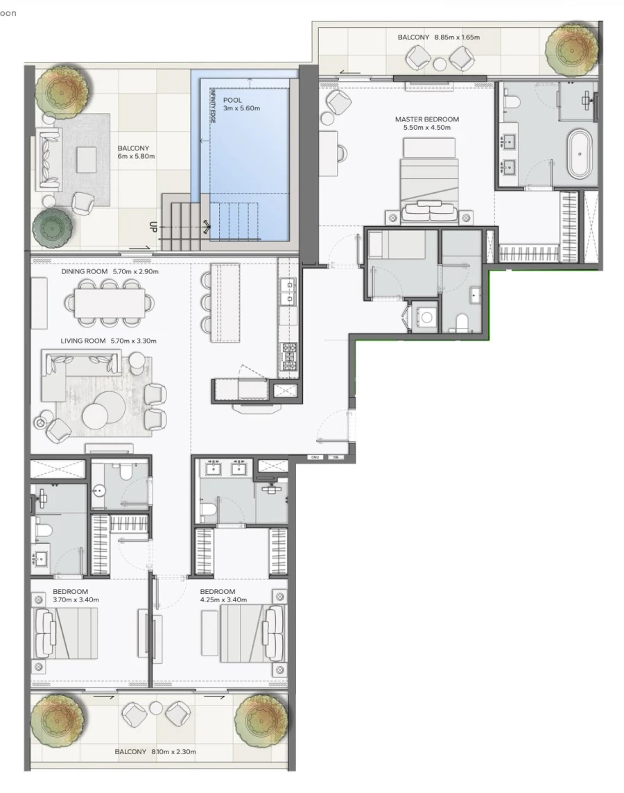 3 BR — 3 Bedroom Type 1 (+ Maid's Room & Private Swimming Pool)