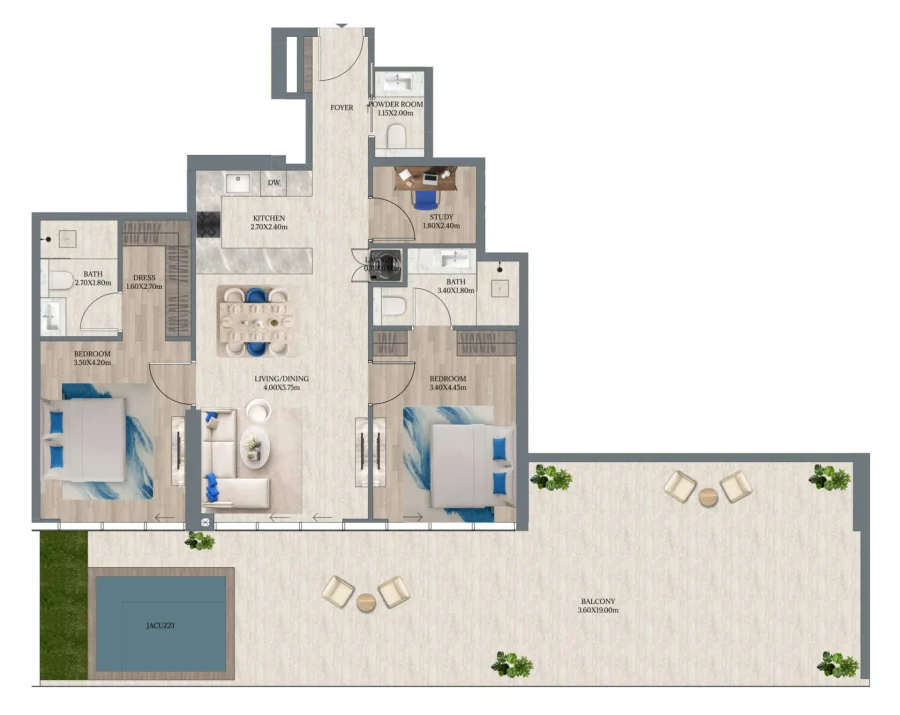 2 BR — 2 Bedroom + Study Unit 102