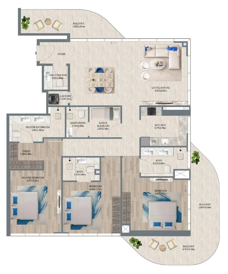 3 BR — 3 Bedroom + Maid Unit 203