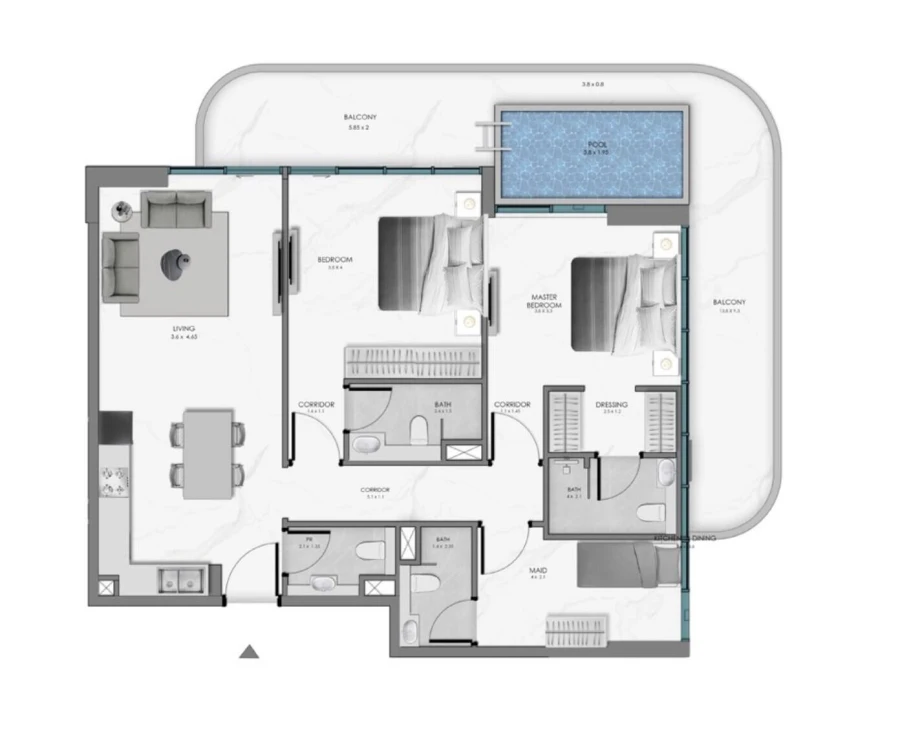 2 BR — 2 BEDROOM WITH MAID + POOL