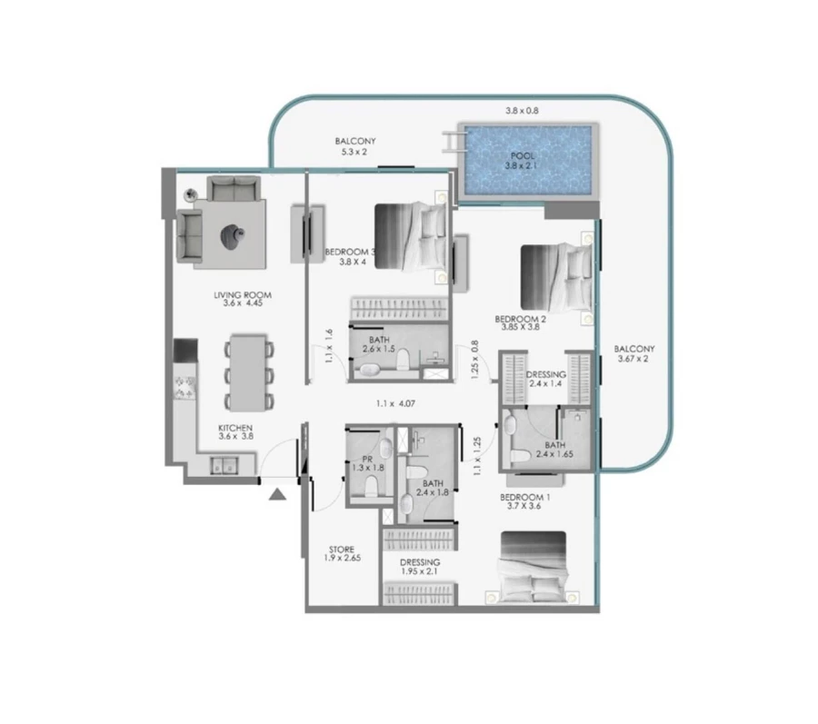 3 BR — 3 BEDROOM WITH STORE + POOL