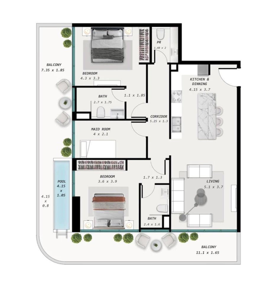 2 BR — 2 Bedroom + Maid