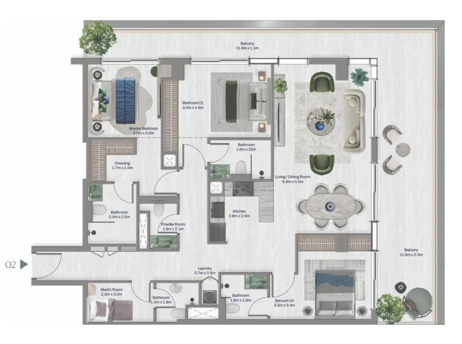 3 BR — 3 Bedroom + Maid Unit 1.2