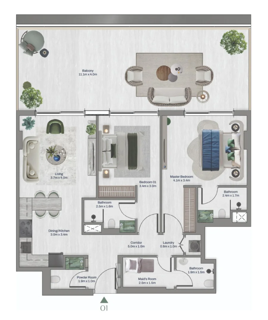 2 BR — 2 Bedroom + Maid Unit Type 1.1