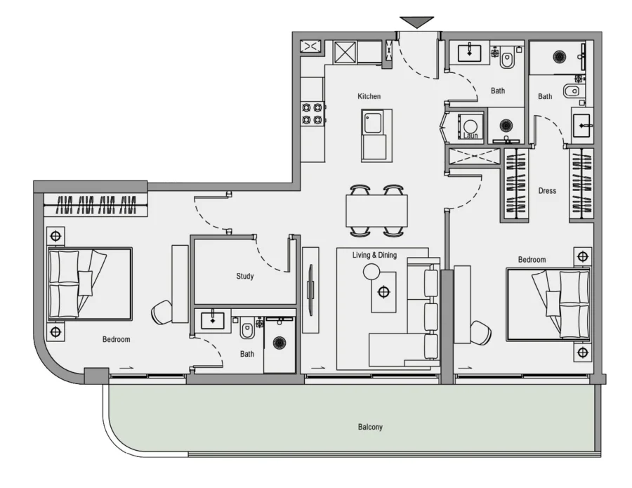 2 BR — 2 Bedroom with Study Layout