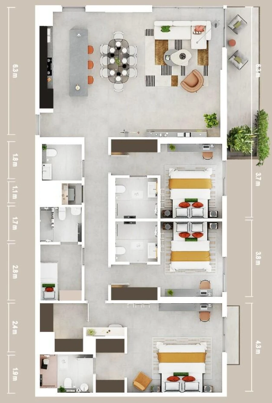 3 BR — 3 Bedroom M RM 1