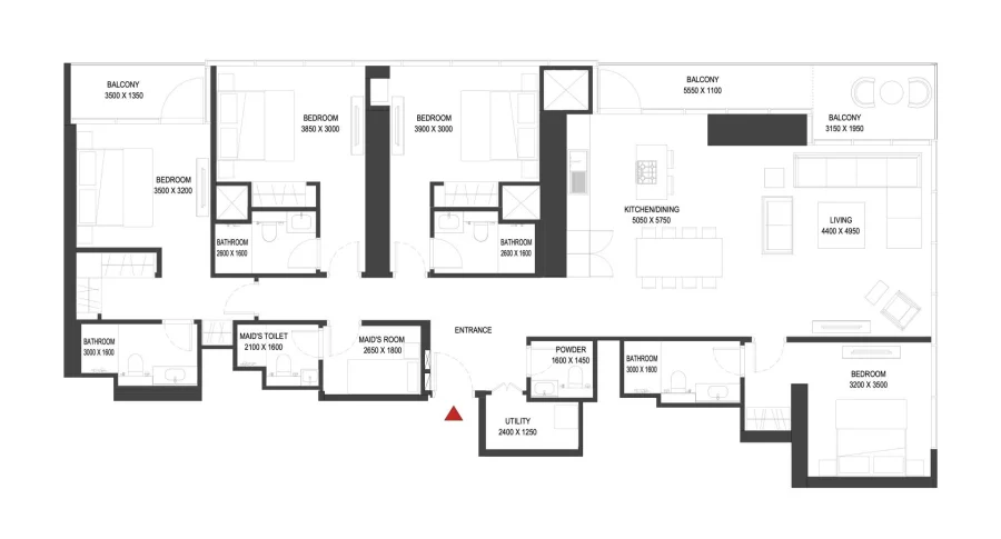 4 BR — 4 BEDROOM APARTMENT TYPE A (with powder room, maid room + balcony) VARIANT 2