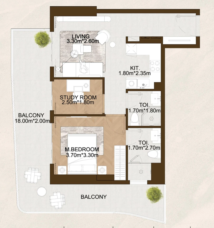 1 BR — 1 Bedroom + Study Type C