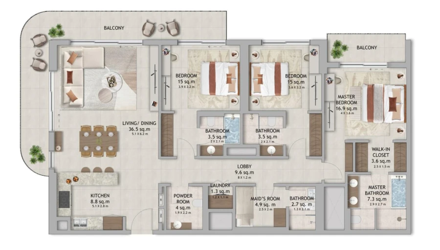 3 BR — 3 Bedroom with maid's room